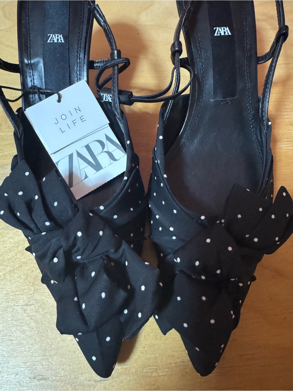 ZARA Black Polka Dot Pointed Slingback Heels with Bow Detail